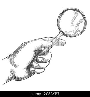 Engraved hand holding magnifying glass. Retro hand drawn detective magnifier, search sketch and antique loupe vector illustration. Male hand holding v Stock Vector