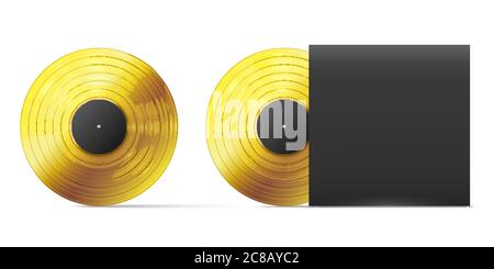 Golden vinyl record. Realistic gold vinyl disc, successful audio record musical album award template, vector illustration. Black cover for plate. Gram Stock Vector