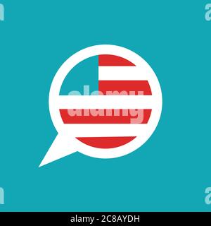 chat speech bubble with american flag isolated on blue background. Vector flat icon. communication, education picture. Learn, study language icon. Usa Stock Vector