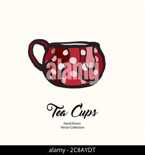 Tea cup hand drawn vector illustration old style. Vector line illustration red polka dots isolated mug for cafe menu, logo Stock Vector