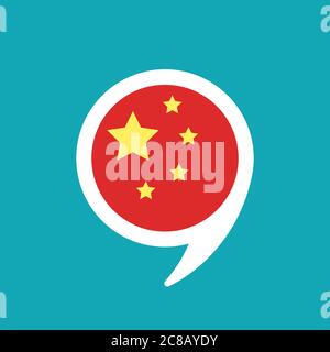 chat speech bubble with chinese flag isolated on blue background. Vector flat icon. communication, education picture. Learn, study language icon. Stock Vector