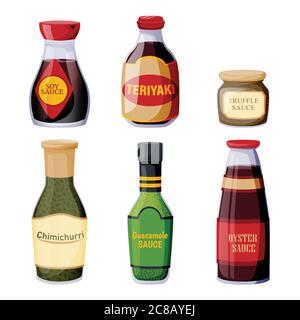 Sauces of Latin American and Asian cuisines. Dressing and marinade glass bottles. Vector food illustrations. Cooking ingredients, seasoning icons and Stock Vector