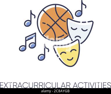 Extracurricular activities RGB color icon. Different academic clubs, highschool hobbies. Sport training, drama class, dancing and music. Isolated vect Stock Vector