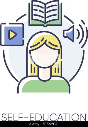 Self education RGB color icon. Skills development, personal growth. Online education, internet training courses. Student studies. Isolated vector illu Stock Vector
