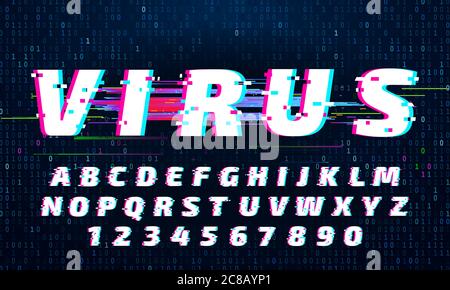 Glitch font. Letters and numbers with digital noise. Distorted alphabet typeset with tv signal glitches. Latin or english lettering in futuristic styl Stock Vector