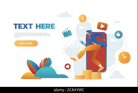 Mobile Music Application Website Landing Page. Young Man Listening to Music and Active Lifestyle, Male Character Spend Time with Music App Page Banner Stock Vector