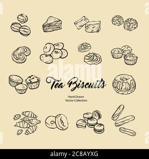 Biscuits isolated hand drawn vector set, line illustration old style. Vector tea biscuits, cookies for cooking logo Stock Vector