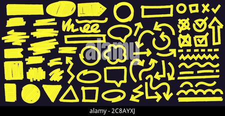 Highlight marker lines on black background. Doodle check marks with tick and cross in box. Curvy and dashed lines and geometric shapes. Arrow in diffe Stock Vector