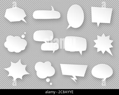 Thought balloons. Paper speech bubbles, white communication messages clouds, dream tag, discussion labels, blank dialog chats vector set in different Stock Vector