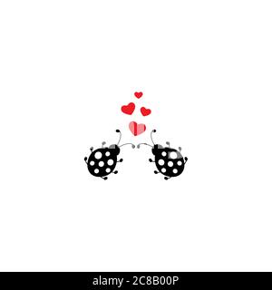 Ladybugs with red hearts. Beetle couple icon isolated on white. Vector flat illustration. Love, romantic icon. St. Valentine, Birthday or Christmas ca Stock Vector