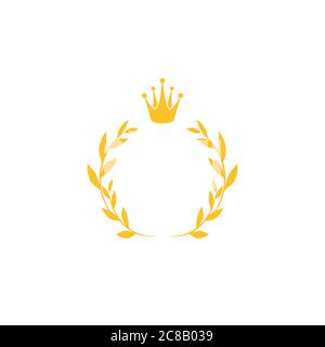 Gold Laurel Wreath with crown Icon. Vector Flat illustrationisolated on white. Winner label made of twigs with green leaves. Victory logo. First place Stock Vector