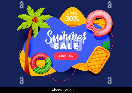 Summer sale abstract banner design template. Inflatable floating funny toys and palm tree, vector flat cartoon illustration. Season discount poster. H Stock Vector