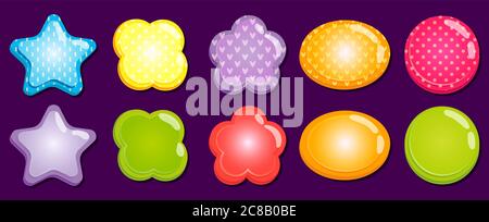 Cartoon colorful frames of different shapes as star, flower, ellipse and circle with small hearts, triangles, stripes and dots. Glossy objects with pl Stock Vector