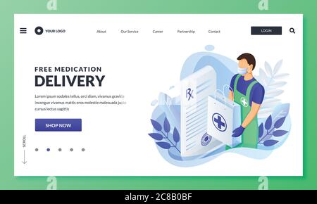 Online pharmacy home safe delivery service during quarantine. Courier in medical protection mask and gloves carry drugstore package. Vector 3d isometr Stock Vector