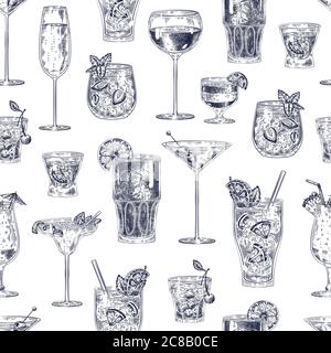 Cocktail seamless pattern. Hand drawn alcohol drinks cocktails with different glasses and goblets wallpaper bar menu vintage vector texture. Sketch be Stock Vector