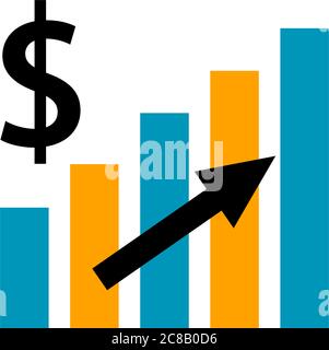 Financial growth chart with arrow and money sign. Successful business symbol. Isolated object. Vector illustration in a flat style. Stock Vector