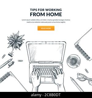 Work at home, remote work, freelance online job concept. Man or woman working on laptop. Human hands typing on keyboard, vector sketch top view illust Stock Vector