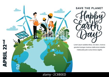 Happy Earth Day banner or poster design template. Vector flat cartoon characters illustration and hand drawn header calligraphy lettering. People plan Stock Vector