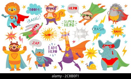 Superhero animals. Cute hero animals with capes and playful masks, brave funny animal comic speech bubbles, cartoon vector characters. Lion and monkey Stock Vector
