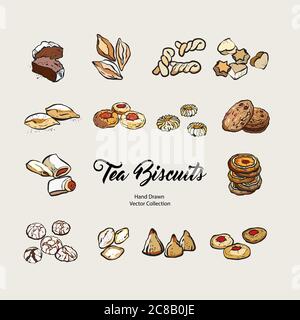 Biscuits isolated hand drawn vector set, line illustration old style. Vector tea biscuits, cookies for cooking logo Stock Vector