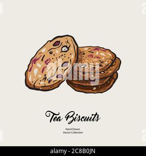Oatmeal cookies isolated hand drawn vector line illustration old style. Vector tea biscuits, cookies cooking logo Stock Vector