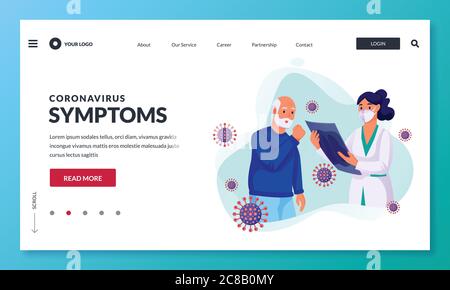 Senior man with cough under examination by doctor. Coronavirus symptoms, diagnosis and treatment concept. Doctors and patient characters, vector illus Stock Vector