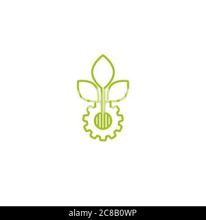 green line mechanical gear and green leaf. Isolated on white background. Eco friendly technology icon. World Environment day label. Bio technology. Ve Stock Vector