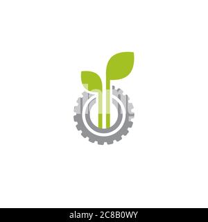 Mechanical gear and three green leaves. Isolated on white background. Eco friendly technology icon. World Environment day label. Bio technology. Vecto Stock Vector