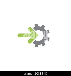 Gear and right green arrow icon isolated on white. Green and grey colors. Vector flat illustration for technology or innovation. Technology pictogram. Stock Vector