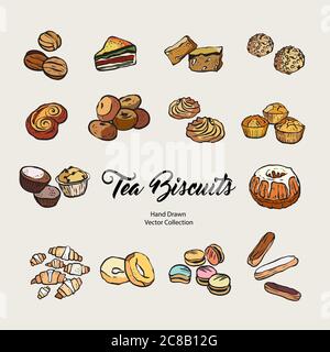 Biscuits isolated hand drawn vector set, line illustration old style. Vector tea biscuits, cookies for cooking logo Stock Vector