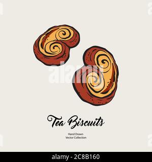 Bun sweet isolated hand drawn vector line illustration in old style. Vector tea biscuits, cookies for cooking logo Stock Vector