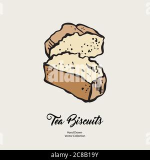 Pound cake chunks isolated hand drawn vector line illustration old style. Vector tea chocolate biscuit pie cooking logo Stock Vector