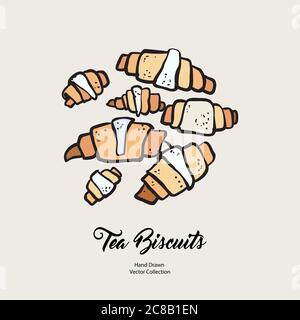 Croissants isolated hand drawn vector line illustration in old style. Vector tea biscuits, cookies for cooking logo Stock Vector