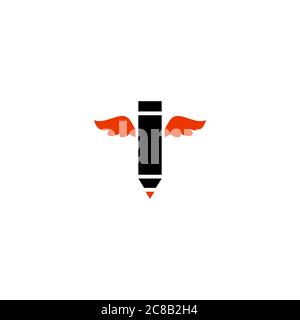 black pencil with orange wings. Isolated on white. Flat line icon. Vector illustration with flying pencil. Creativity sign. Creative idea symbol. Know Stock Vector
