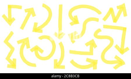 Hand drawn yellow highlighter arrows, pointers in different directions. Curly and wavy arrowheads going up, down, left and right. Doodle marker pen li Stock Vector