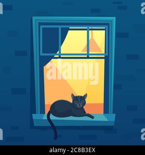 Cat lying in lit up city apartment open window at night time. Black kitten character having rest on windowsill with abstract interior and curtains, ev Stock Vector