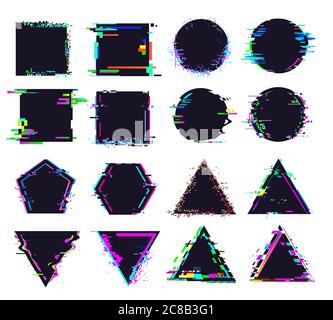 Glitch black frames of different shape. Distorted signal, square and round, triangle and polygonal figures. Destroyed geometric shapes set with noise Stock Vector