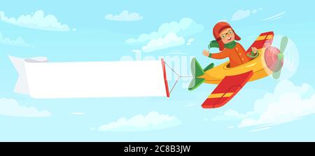 Kid on airplane with banner. Child pilot flying in plane among clouds in sky. Little boy having flight with empty banner with place for text. Aviation Stock Vector