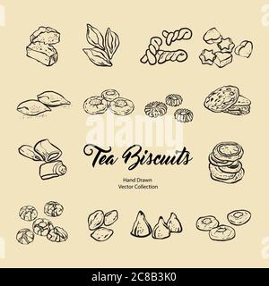 Biscuits isolated hand drawn vector set, line illustration old style. Vector tea biscuits, cookies for cooking logo Stock Vector