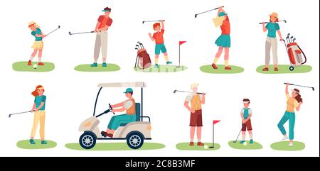 Golf players characters. Men, women and children playing golf on green grass, golfers with clubs and equipment, sports activity vector set. Teenager c Stock Vector