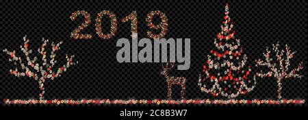 Christmas composition with digits 2019, trees and deer made of defocused red and white fairy lights with bokeh effects Stock Vector