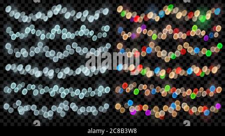 Set of defocused fairy lights in light blue colors and multicolored with bokeh effects Stock Vector