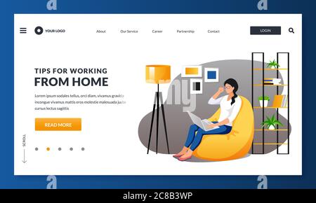 Work at home, remote work, freelance online job concept. Businesswoman or freelancer sitting on yellow puff armchair using laptop. Vector illustration Stock Vector