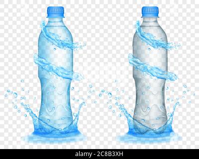 Two translucent plastic bottles in light blue and gray colors with water crowns and splashes, isolated on transparent background. Transparency only in Stock Vector