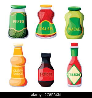Collection of sauces in jars and bottles. Vector illustration of grocery packaging. Cooking food icons and design elements, isolated on white backgrou Stock Vector