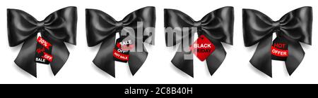 Set of big black bows with shadows and sale labels and tags on white background Stock Vector