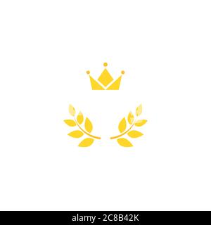Gold Laurel Wreath with crown Icon. Vector Flat illustrationisolated on white. Winner label made of twigs with green leaves. Victory logo. First place Stock Vector