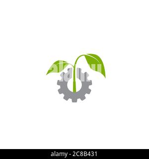 Mechanical gear and three green leaves. Isolated on white background. Eco friendly technology icon. World Environment day label. Bio technology. Vecto Stock Vector