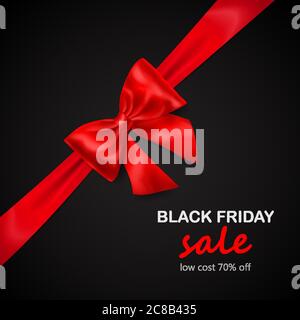 Red bow with diagonally ribbon with shadow and inscription Black Friday Sale on black background Stock Vector