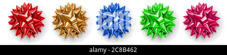 Set of multicolored bows made of shiny ribbon with shadows on white background Stock Vector